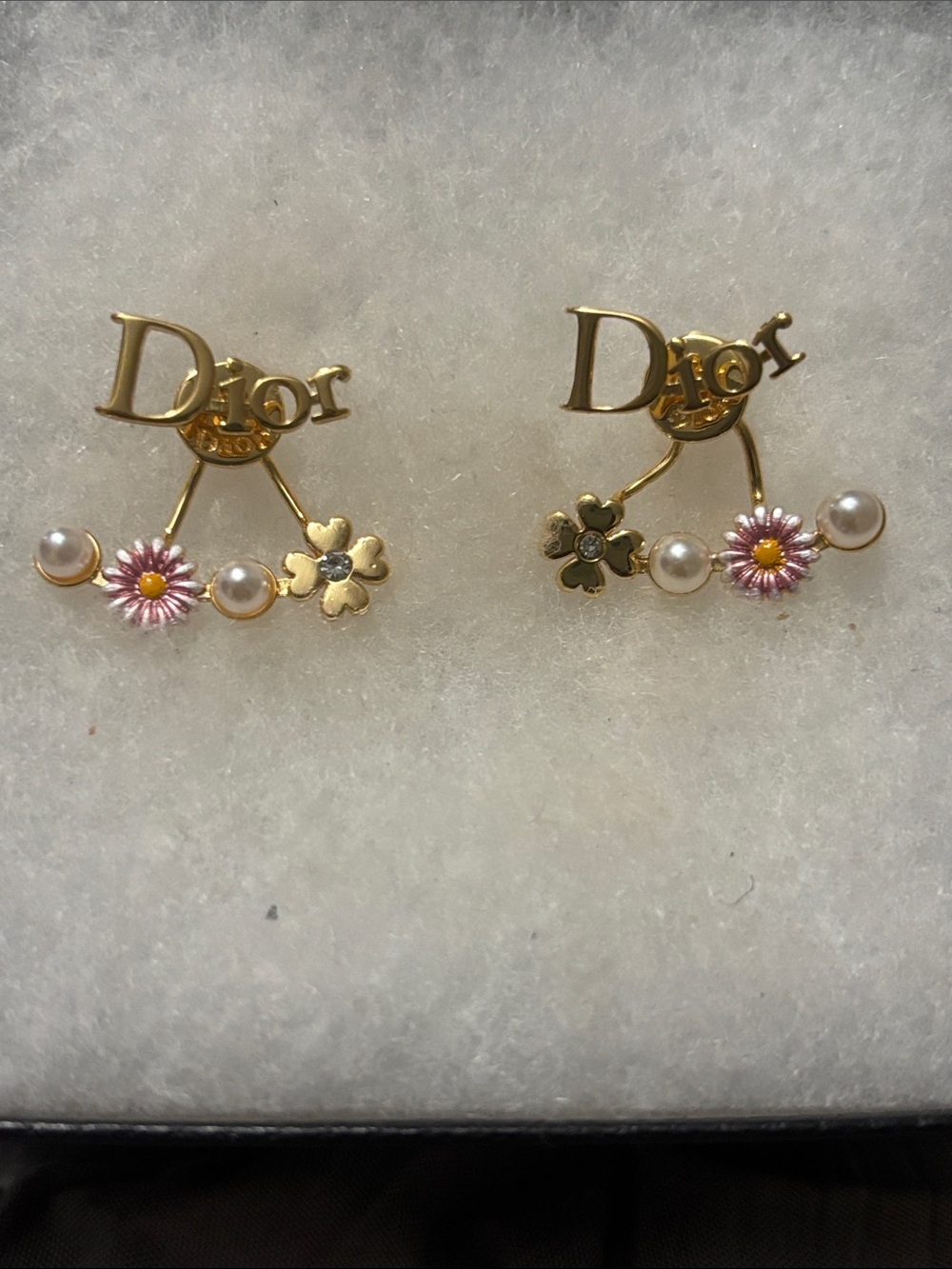 Dior Gold-tone Earrings with Pink Daisy and Pearls